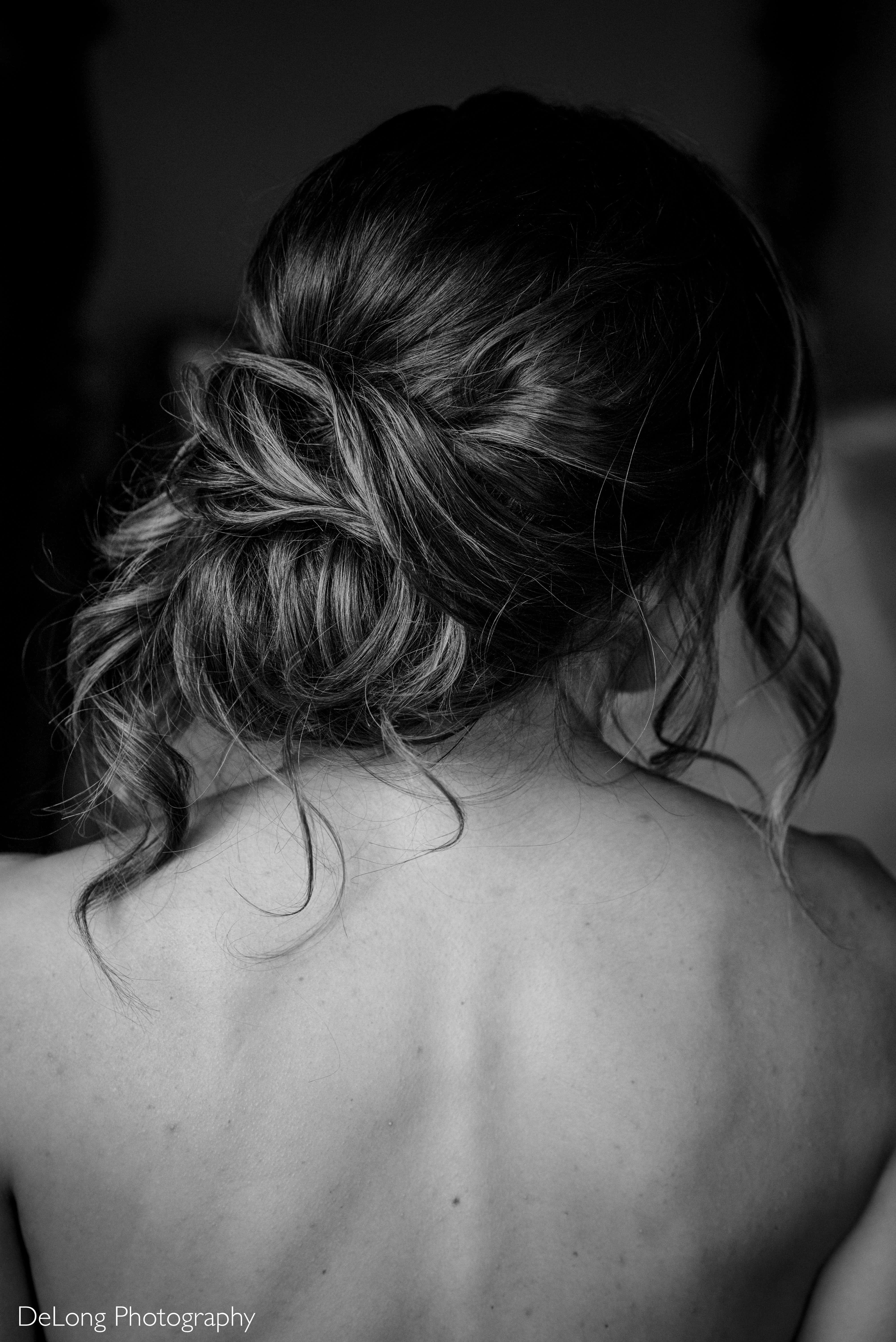 Bridal hair portrait taken in getting ready room at The Pavilion at Silver Fork.