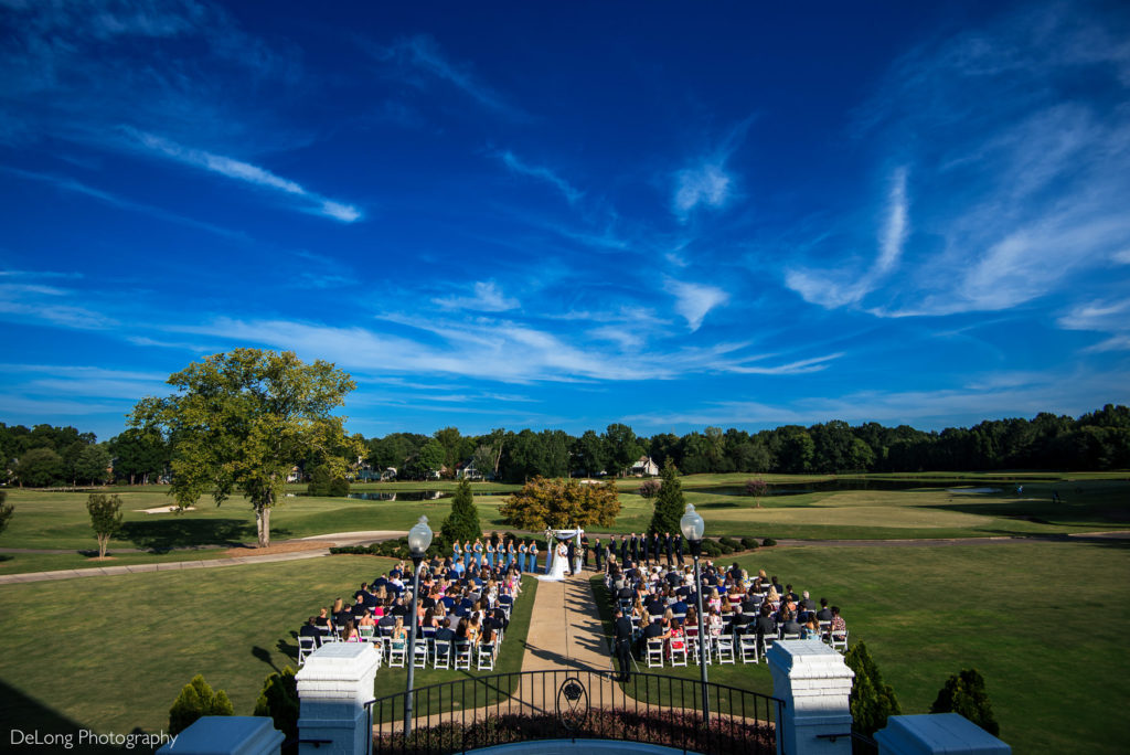 Wide ceremony photograph of wedding at The Providence Country Club by Charlotte Wedding Photographers DeLong Photography