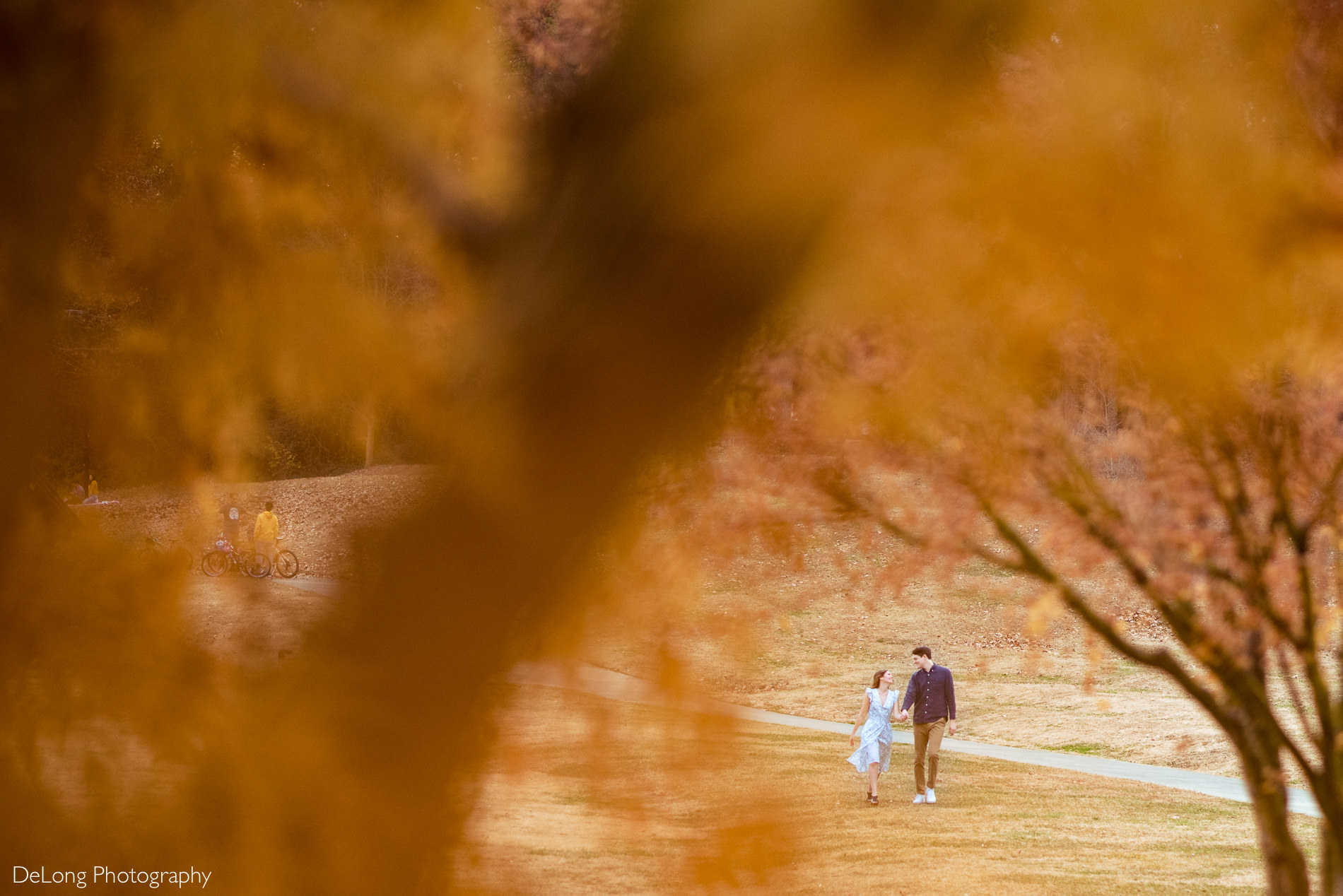 Engaged couple walking in Freedom Park photographed through orange leaves by Charlotte wedding photographers DeLong Photography