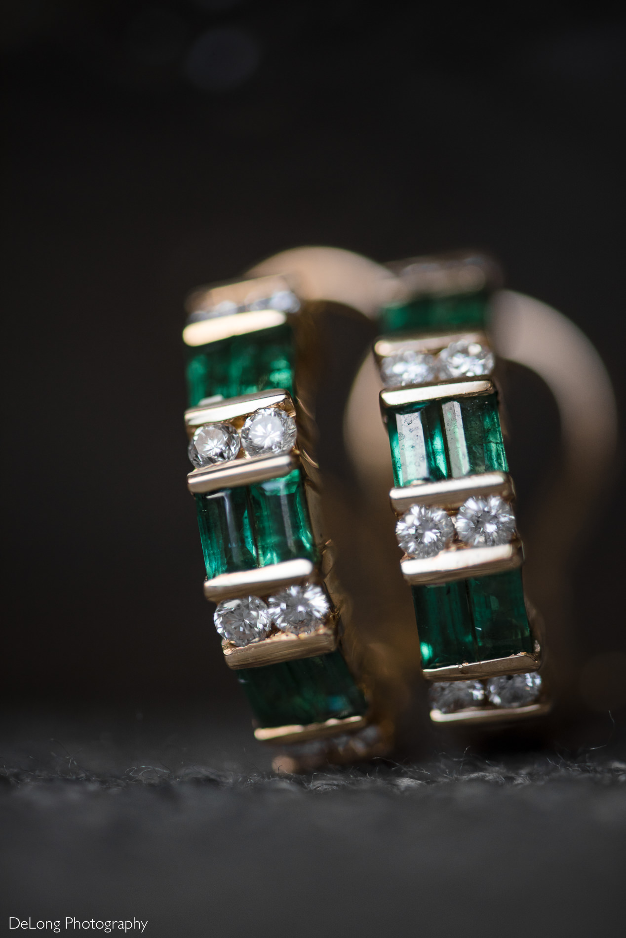 Bride's emerald and gold hoop earrings detail photo by Charlotte wedding photographers DeLong Photography