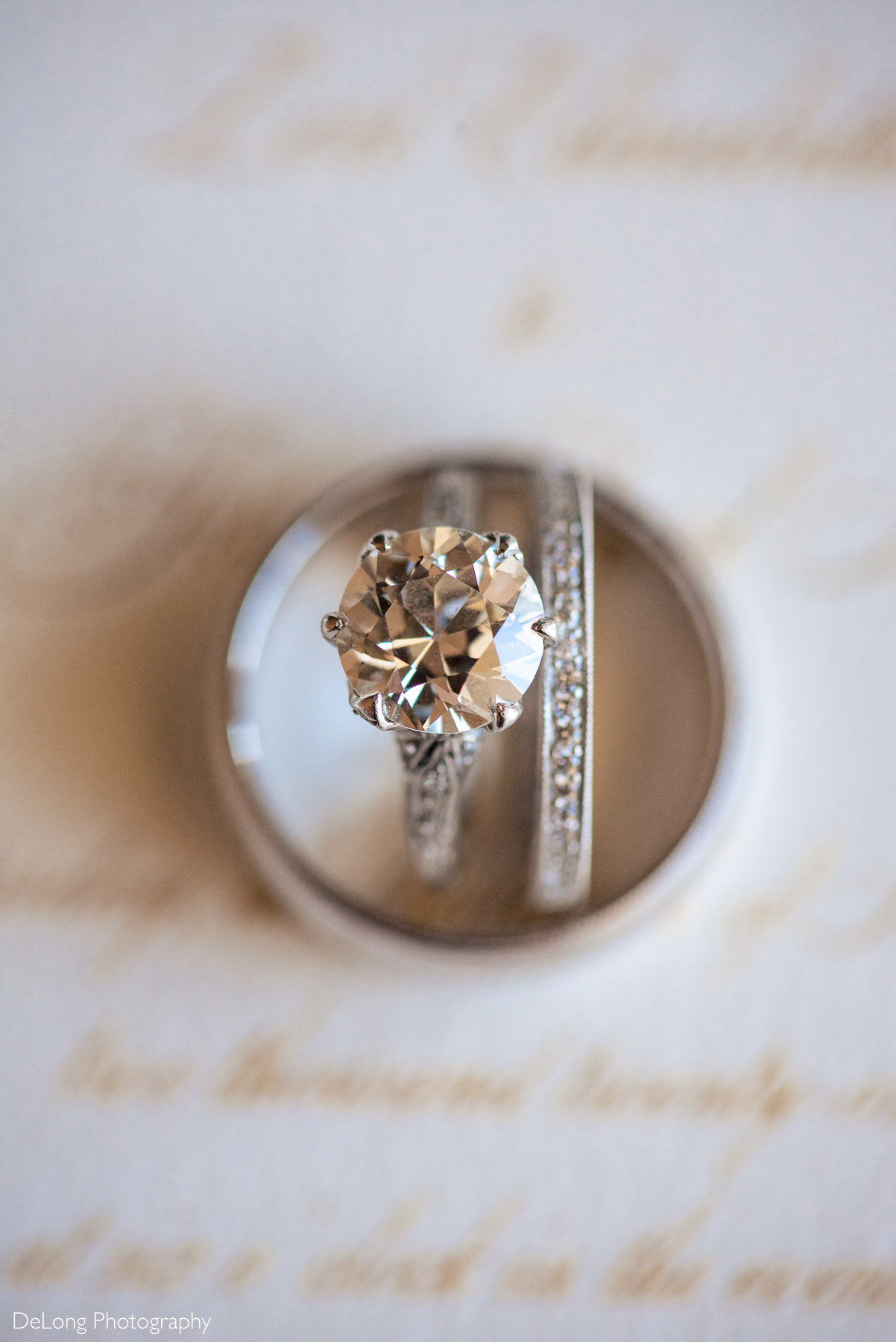 Wedding rings on wedding invitation by Charlotte Wedding Photographers DeLong Photography