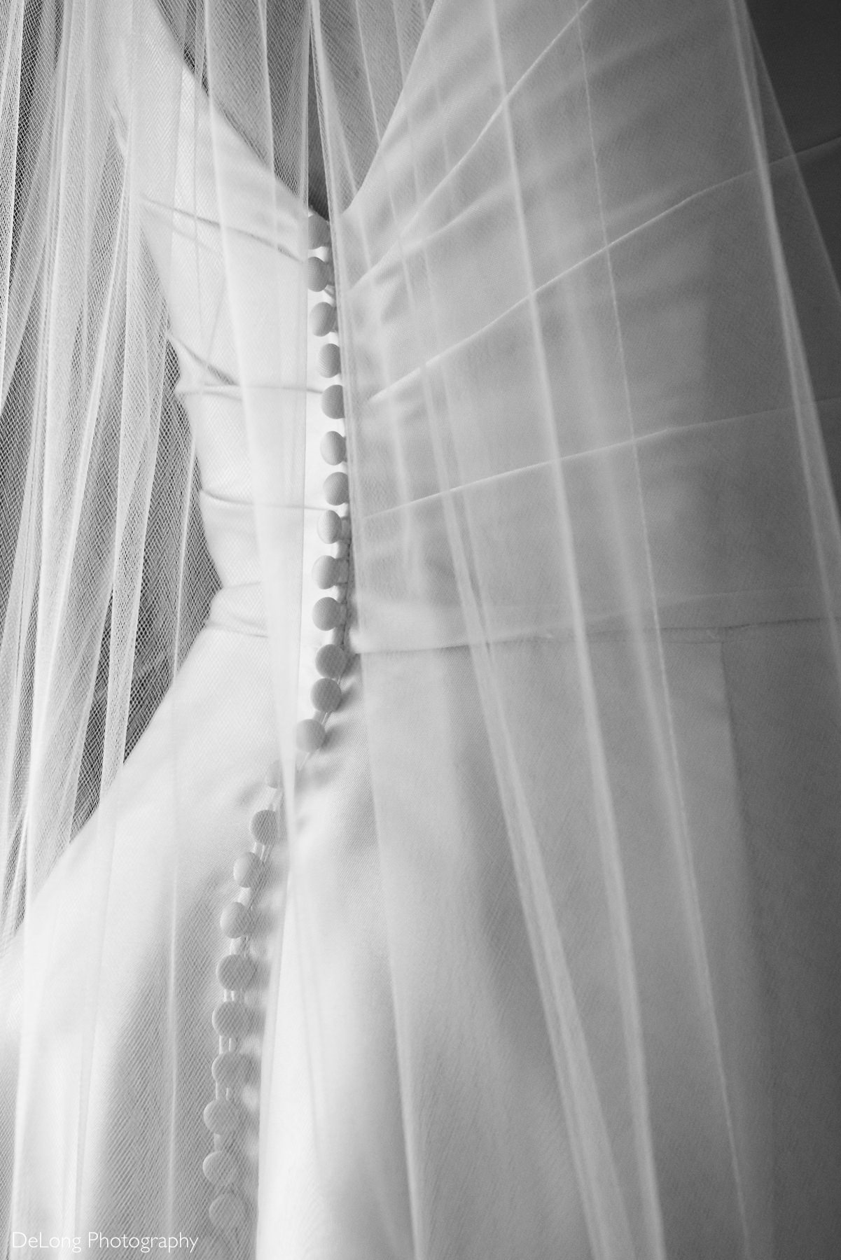 Detail photograph of buttons down the back of the bride's dress by Charlotte Wedding Photographers DeLong Photography