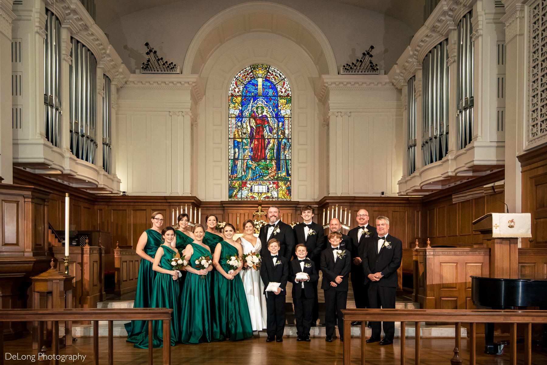 Wedding party portrait at Providence Methodist Church by Charlotte Wedding Photographers DeLong Photography