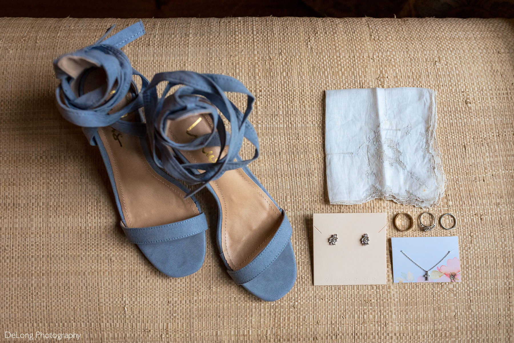 Bride's blue suede shoes, handkerchief and jewelry details by Charlotte wedding photographers DeLong Photography