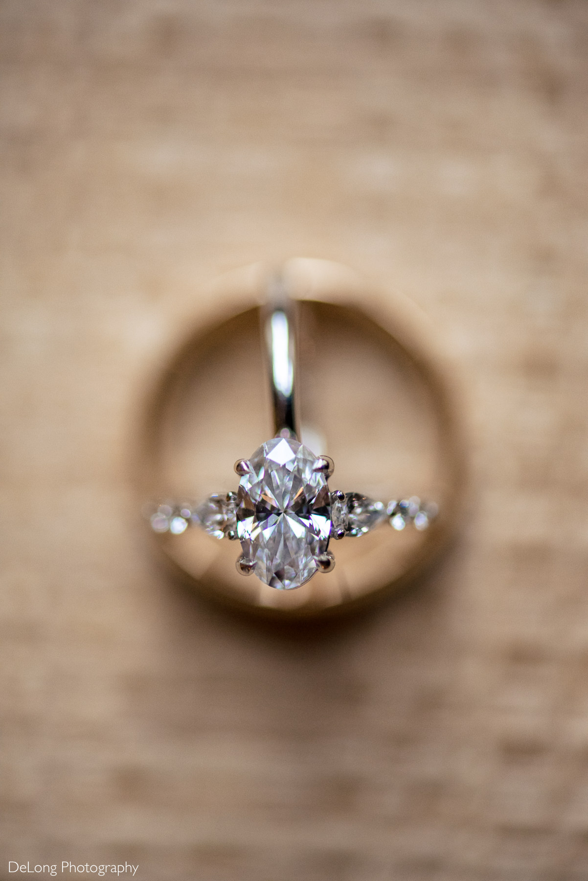 Top down view of an oval engagement ring standing up inside two wedding bands by Charlotte wedding photographers DeLong Photography