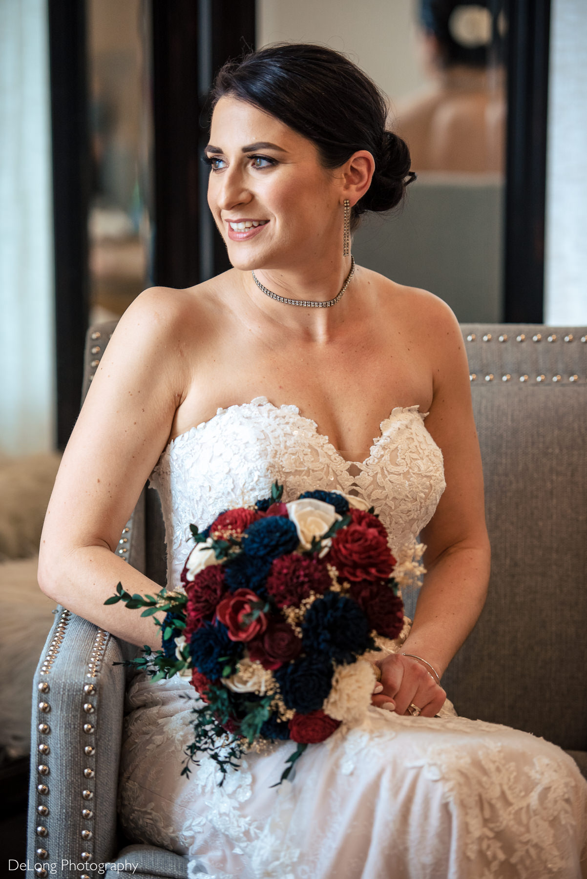 Bridal portrait in the bridal suite at Childress Vineyards by Charlotte Wedding Photographers DeLong Photography