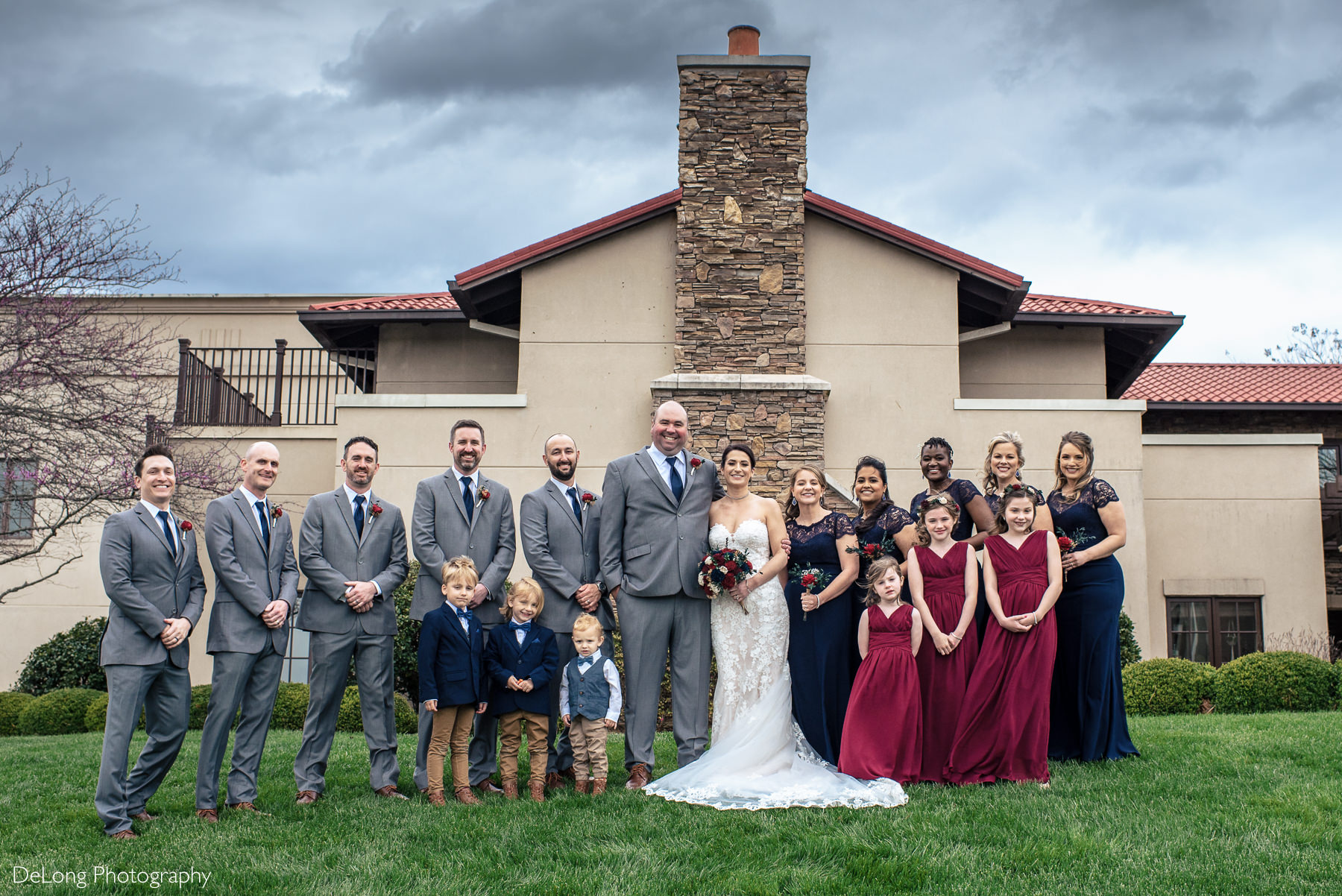 Wedding party portrait at Childress Vineyards by Charlotte Wedding Photographers DeLong Photography