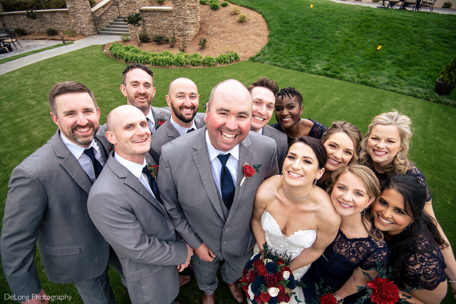 Top down view wedding party portrait at Childress Vineyards by Charlotte Wedding Photographers DeLong Photography