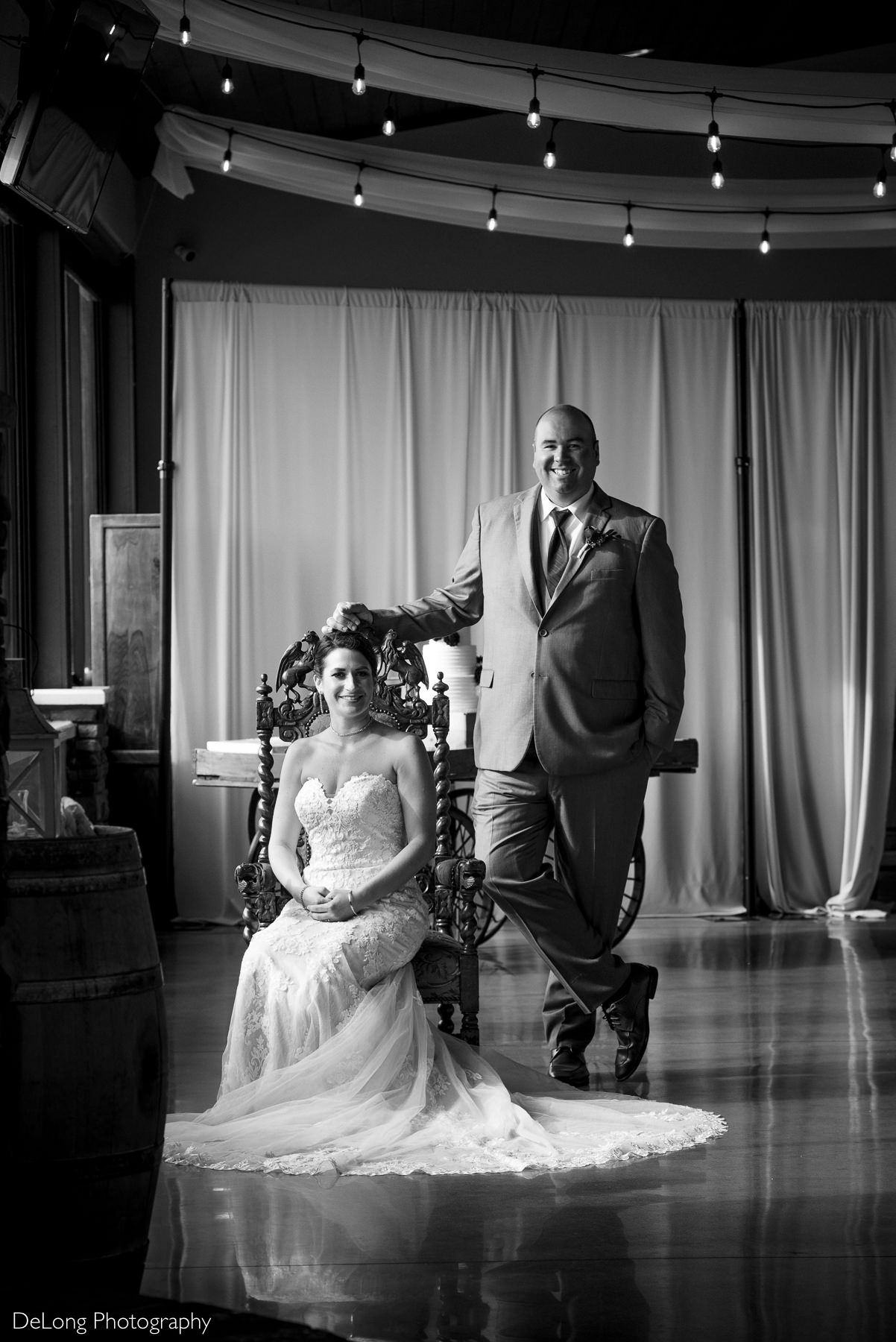Black and white indoor portrait at Childress Vineyards by Charlotte Wedding Photographers DeLong Photography
