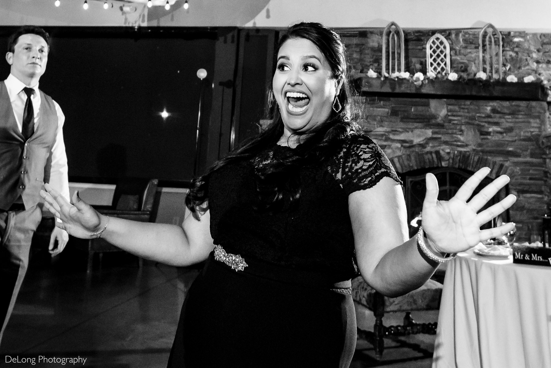 Black and white fun reception image at Childress Vineyards by Charlotte Wedding Photographers DeLong Photography