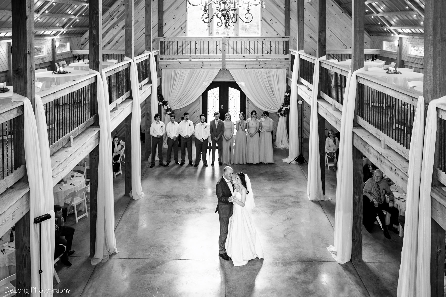 High perspective wide-angle photograph of father-daughter dance at Lady Bird Farms by Charlotte Wedding Photographers DeLong Photography