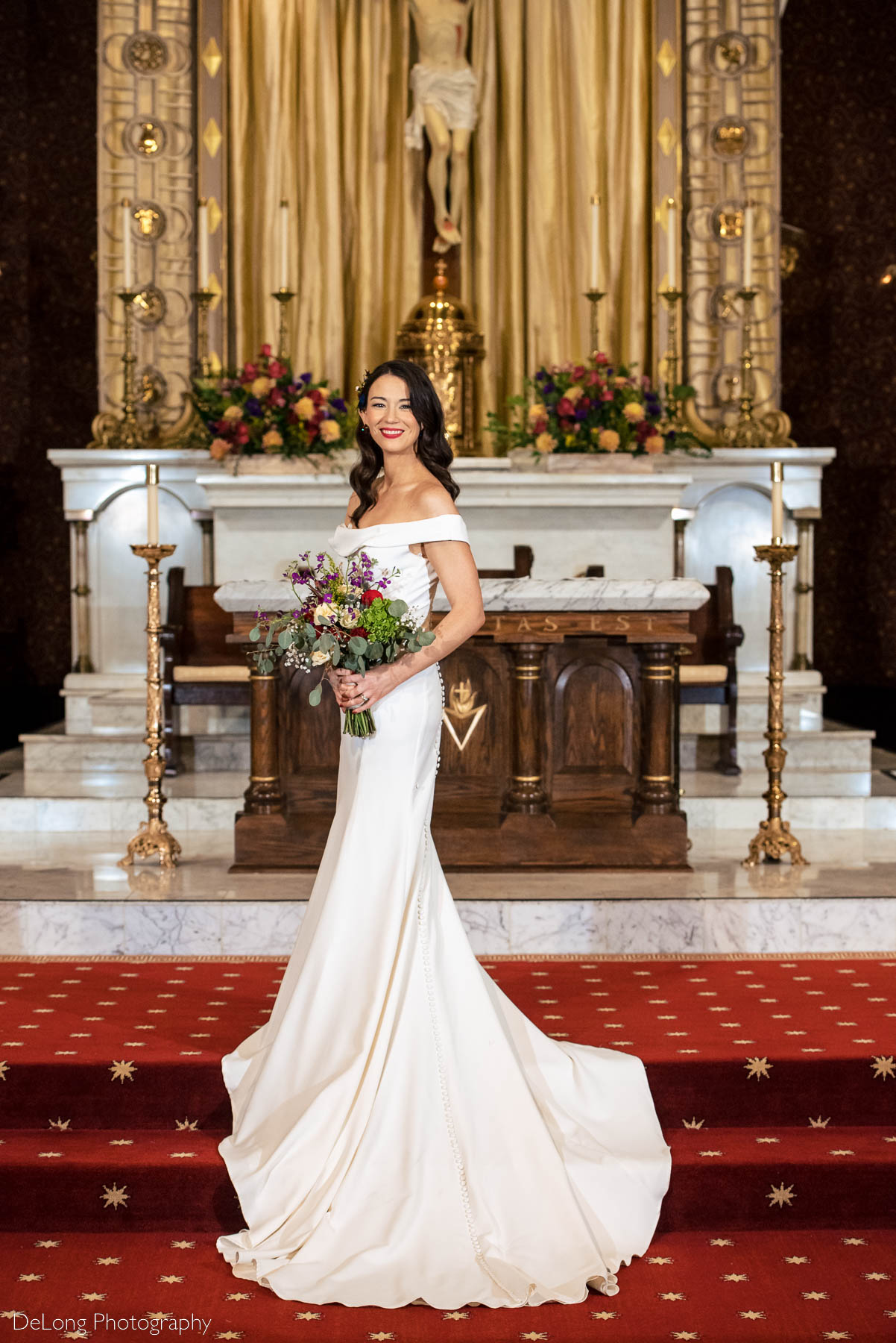 Formal bridal portrait at the Basilica of the Sacred Heart of Jesus in Atlanta, GA by Charlotte wedding photographers DeLong Photography 