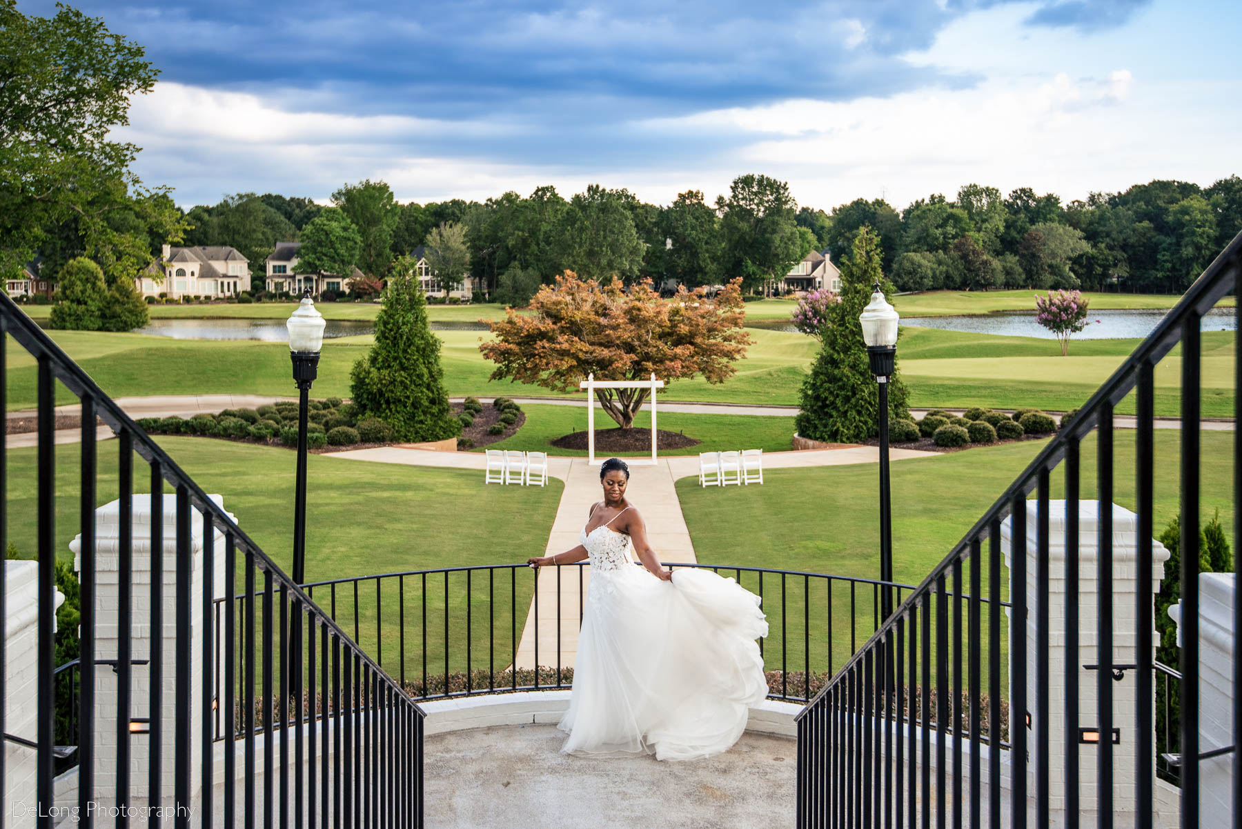 An elegant bridal portrait of a black bride at Providence Country Club by Charlotte wedding photographers DeLong Photography