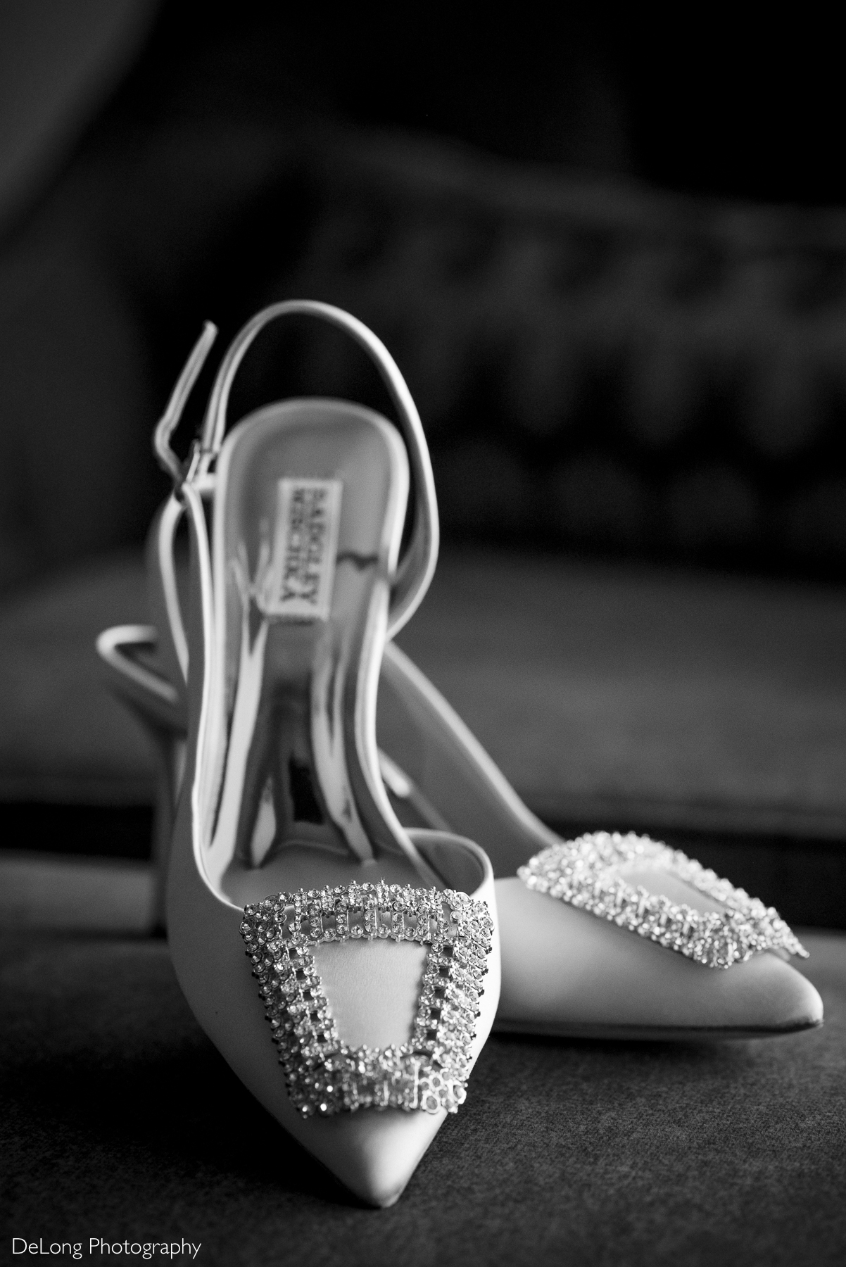 A pair of elegant Badgley Mischka bridal heels with sparkling crystal embellishments on the toes, beautifully captured in black and white. Photographed by DeLong Photography at the Kimpton Tryon Park Hotel.
