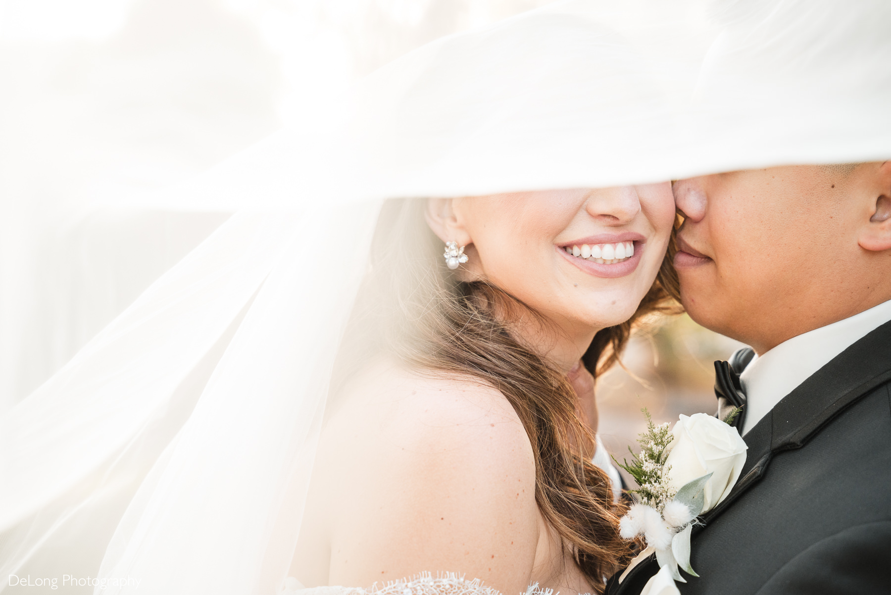 Close-up of bride and groom sharing an intimate moment under the bride’s veil at The White Home in Rock Hill, captured by Charlotte wedding photographer DeLong Photography.