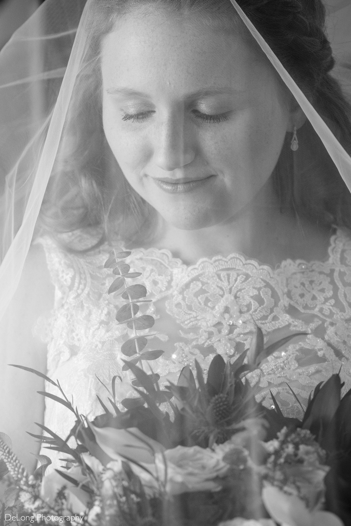 Black and white bridal portrait under a veil at a winter wedding at Childress Vineyards in Lexington, North Carolina, photographed by DeLong Photography.