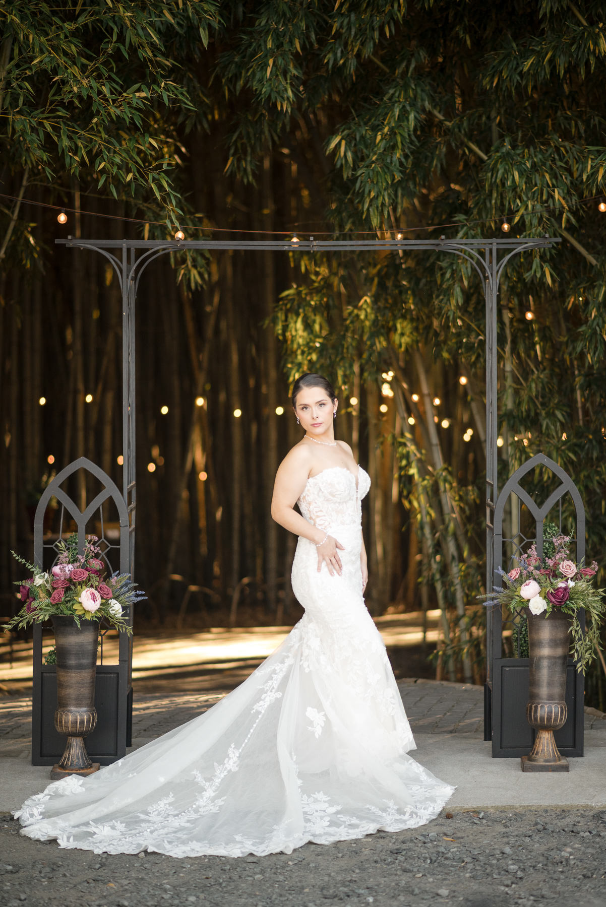 Bride posing beneath the ceremony arbor in the bamboo forest at Camelot Meadows in Charlotte, NC. Elegant bridal portrait showcasing a lace wedding gown during a fall wedding, captured by DeLong Photography, a Charlotte wedding photographer.